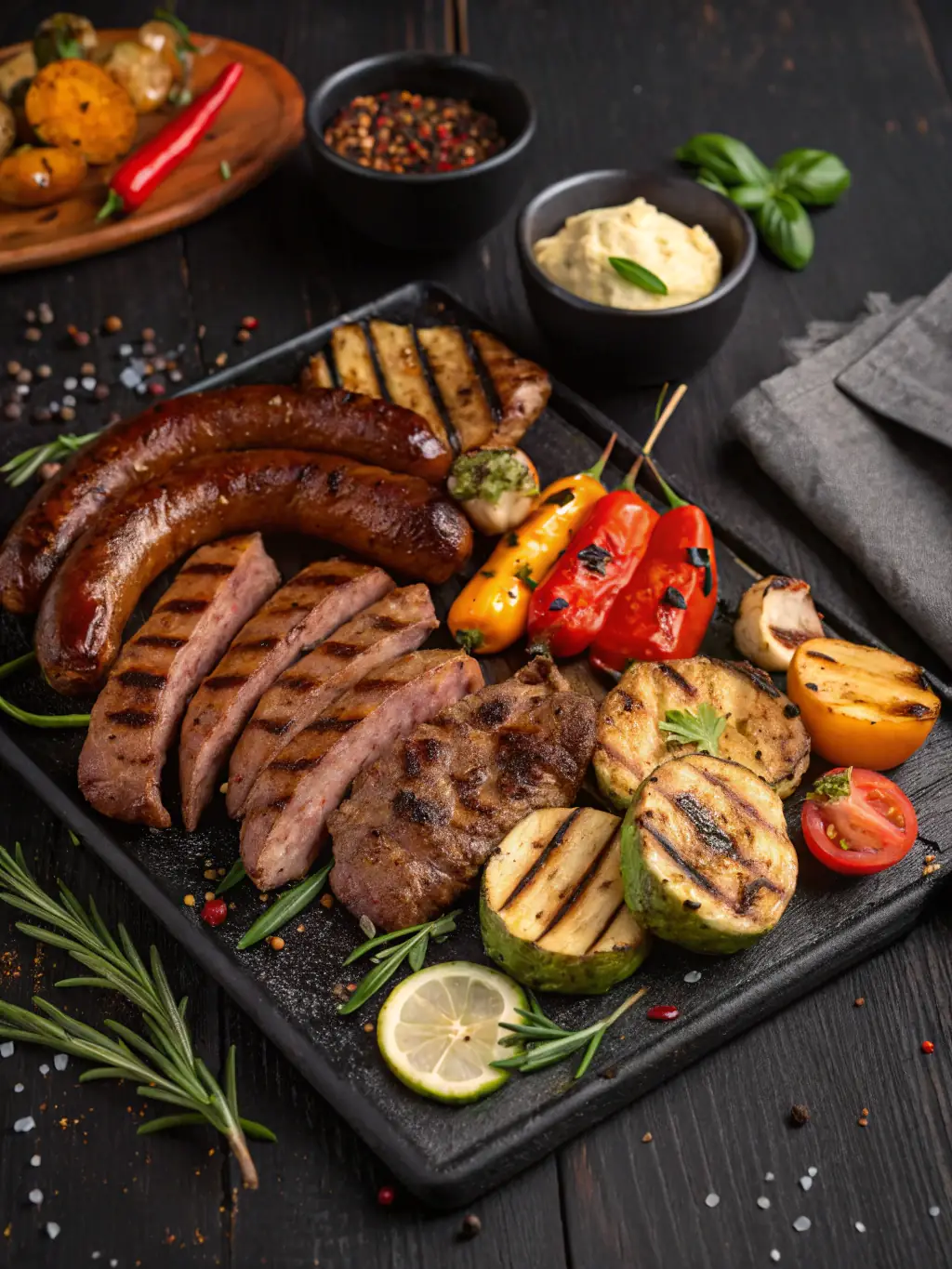 An appetizing image of a mixed grill platter, showcasing various grilled meats such as chicken, lamb, and beef, accompanied by grilled vegetables and Turkish rice.