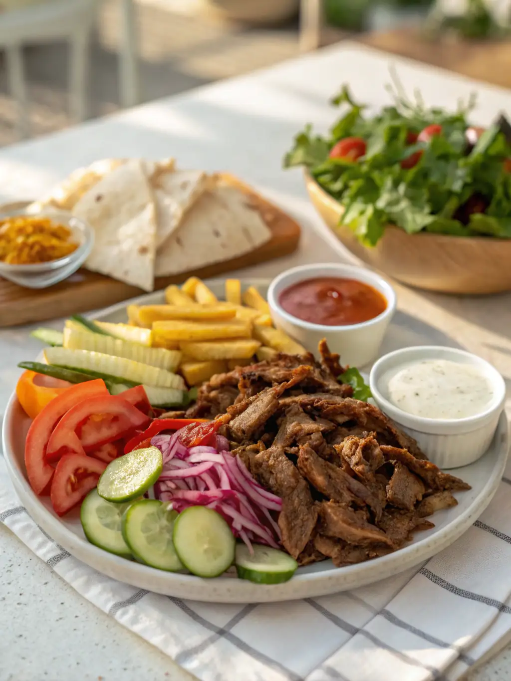 A vibrant image showcasing Efes Grill's signature Döner Kebab, featuring thinly sliced meat, fresh vegetables, and a creamy sauce, all wrapped in warm Turkish bread.