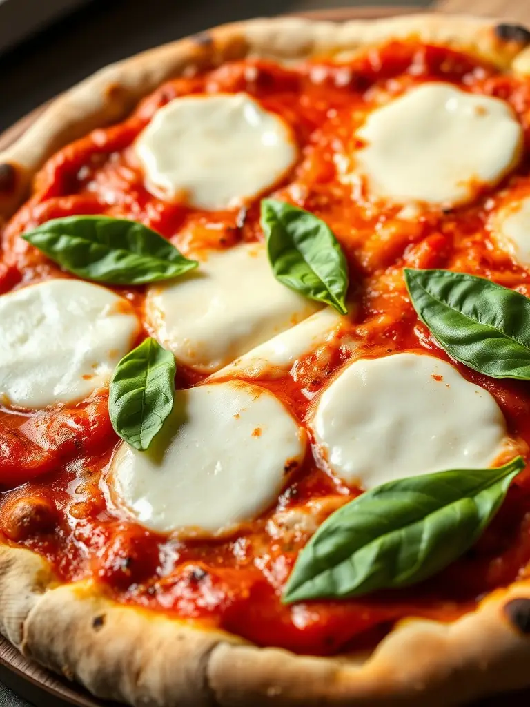 A visually appealing image of a Margherita Pizza, highlighting the melted mozzarella cheese, fresh basil leaves, and vibrant tomato sauce on a perfectly baked crust.